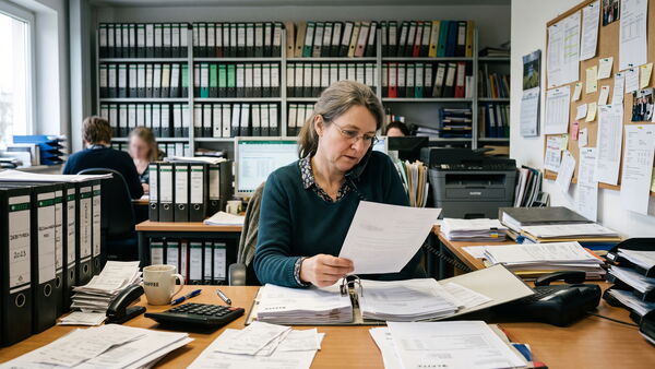 Mitarbeiterin der Buchhaltung telefoniert und prüft dabei ein Dokument, umgeben von Belegstapeln und vollen Aktenregalen