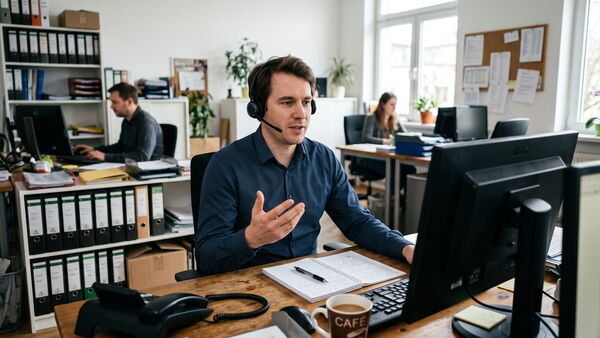 Mitarbeiter im Büro mit Headset am Schreibtisch, im Hintergrund Kollegen und ein Tischtelefon