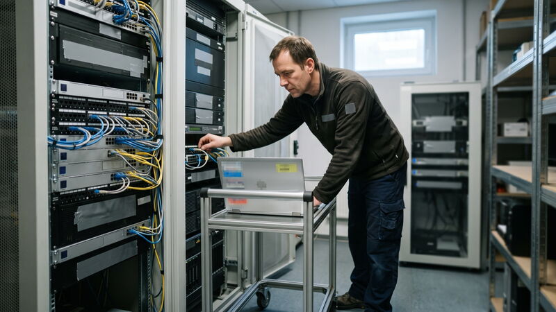 Techniker steht in einem kleinen Serverraum am geöffneten Serverschrank und prüft den Status, daneben ein Laptop auf einem Rollwagen