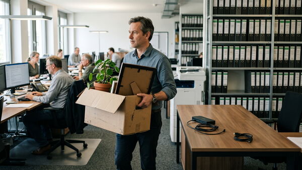Mitarbeiter trägt einen Umzugskarton durch ein Büro, rechts ein leergeräumter Schreibtisch mit abgezogener Dockingstation