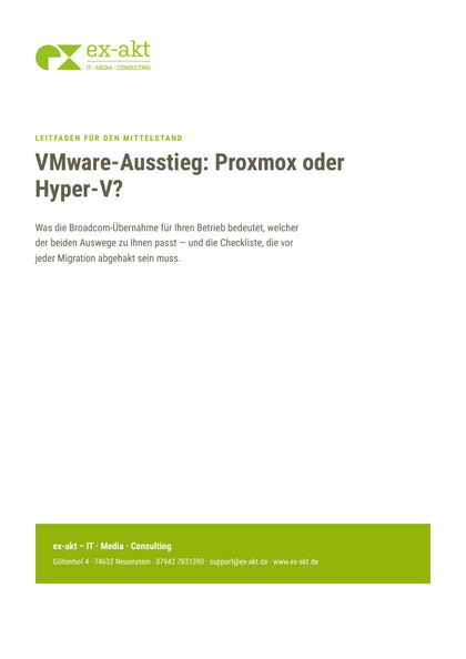 Titelseite des Leitfadens „VMware-Ausstieg: Proxmox oder Hyper-V?“
