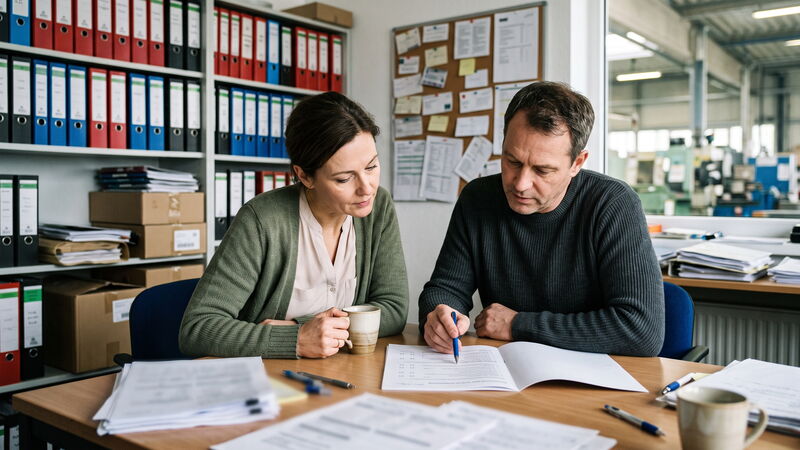 Eine Frau und ein Mann gehen am Besprechungstisch gemeinsam einen ausgedruckten Fragebogen durch, dahinter Ordnerregale und der Blick in eine Fertigungshalle