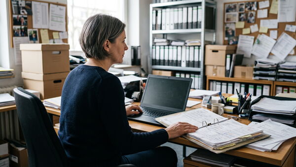 Mitarbeiterin am Schreibtisch mit Notebook, die Hand auf einem aufgeschlagenen Kundenordner, ringsum Ordnerregale und Pinnwände