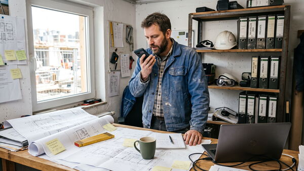 Handwerksmeister im Baubüro diktiert etwas in sein Smartphone, vor sich Pläne und Notizzettel