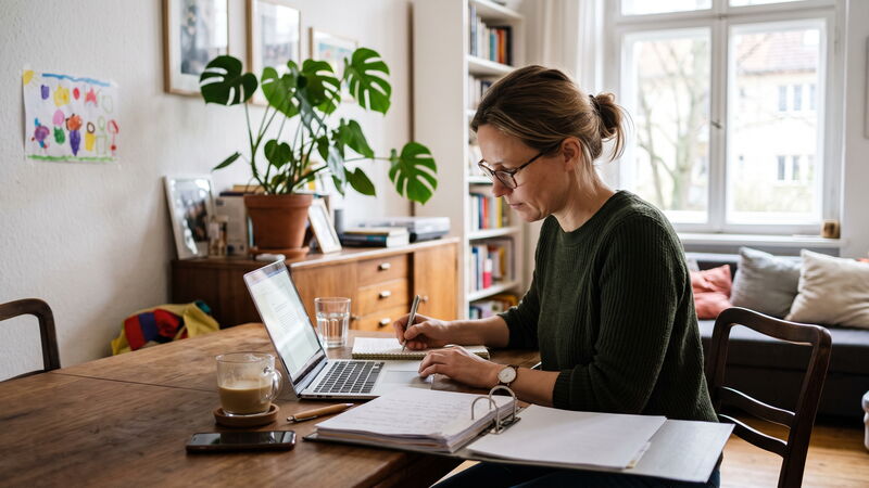 Mitarbeiterin arbeitet zu Hause am Esstisch mit Notebook und Aktenordner, Wohnraum im Hintergrund
