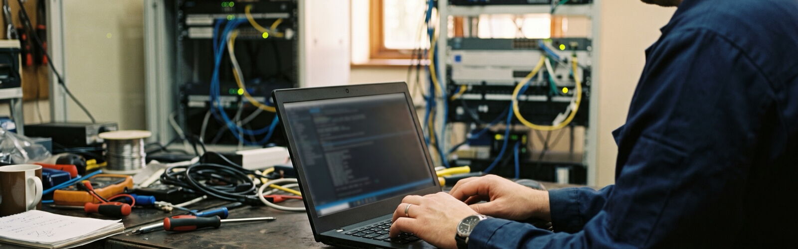 Techniker arbeitet am Notebook, im Hintergrund ein offener Serverschrank
