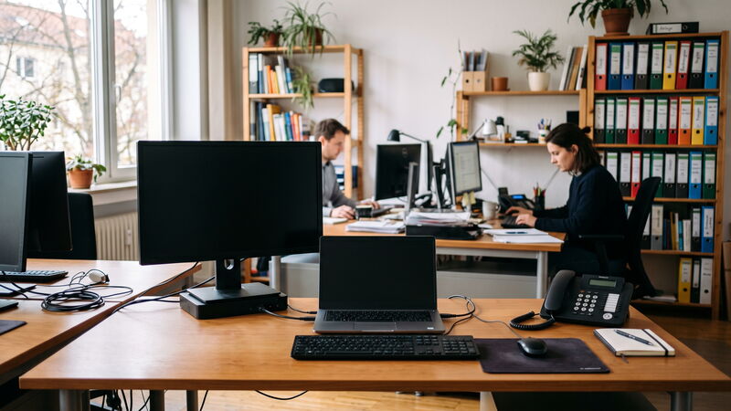 Frisch eingerichteter Schreibtisch im Büro mit Notebook, Dockingstation und Monitor, daneben Kollegen bei der Arbeit