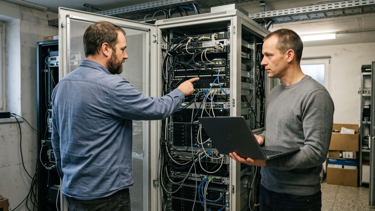 Zwei Techniker besprechen die Verkabelung an einem offenen Serverschrank