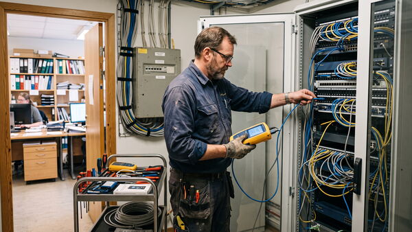 Techniker steckt ein Netzwerkkabel in das Patchfeld eines offenen Netzwerkschranks, daneben ein Werkzeugwagen