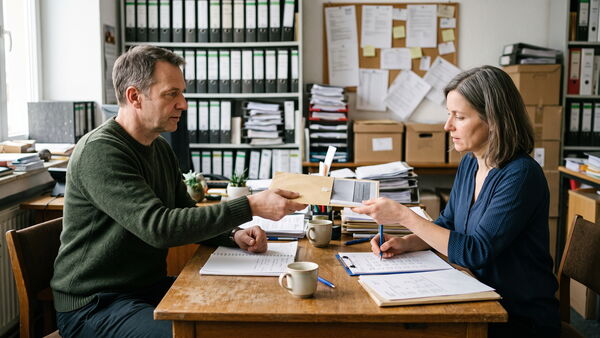 Ein Mann reicht einer Frau am Besprechungstisch einen Umschlag, sie hakt dabei eine Checkliste ab
