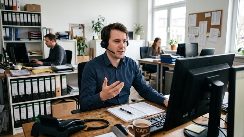 Mitarbeiter im Büro mit Headset am Schreibtisch, im Hintergrund Kollegen und ein Tischtelefon
